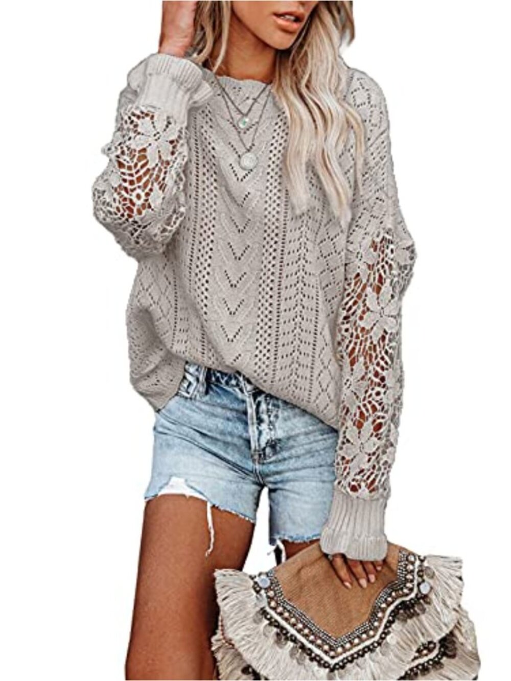 Womens Casual Crewneck Lace Patchwork Sleeve Knitted Pullover Sweater